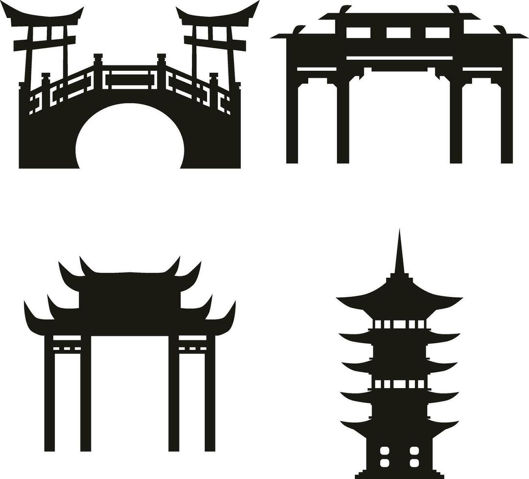 Traditional Chinese Building. Flat Black Temple. Vector Icons