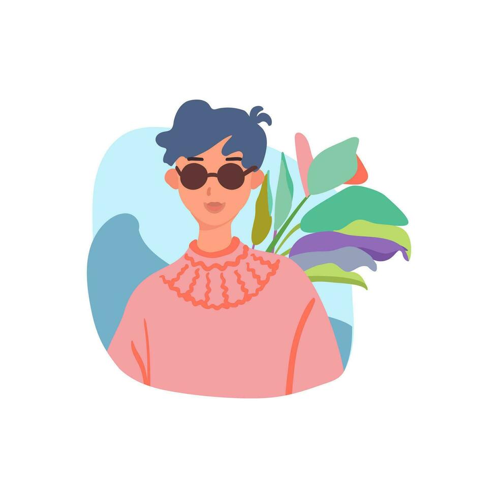 Round avatar realistic girl in glasses with flower vector