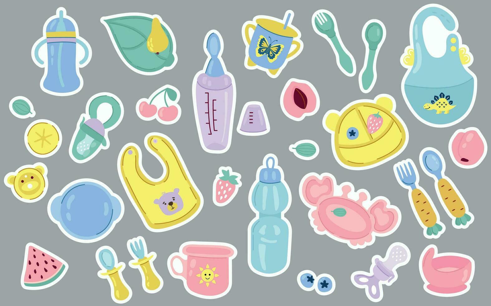 Children's dishware sticker set. Plates, forks, spoons, cups, nibbler. vector