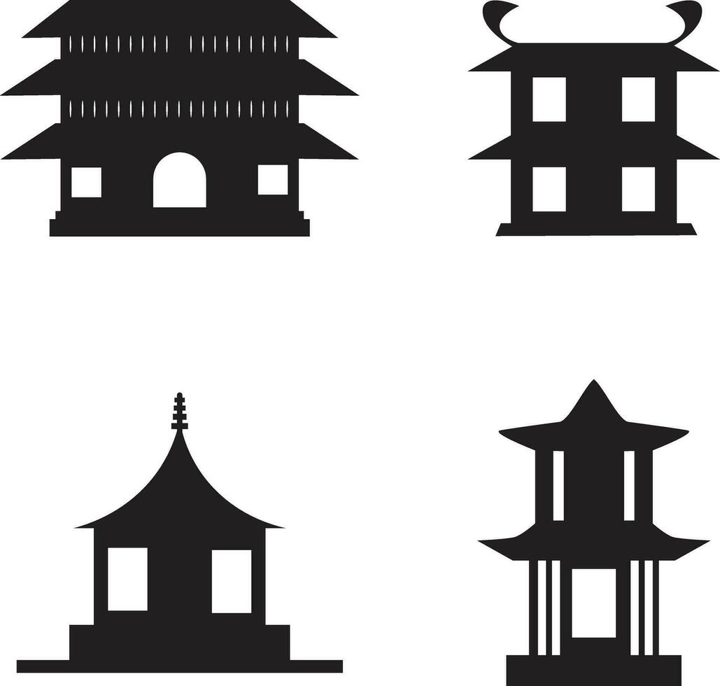 Set of Traditional Chinese Buildings. Asian Castles and Architecture. Isolated Black Vector