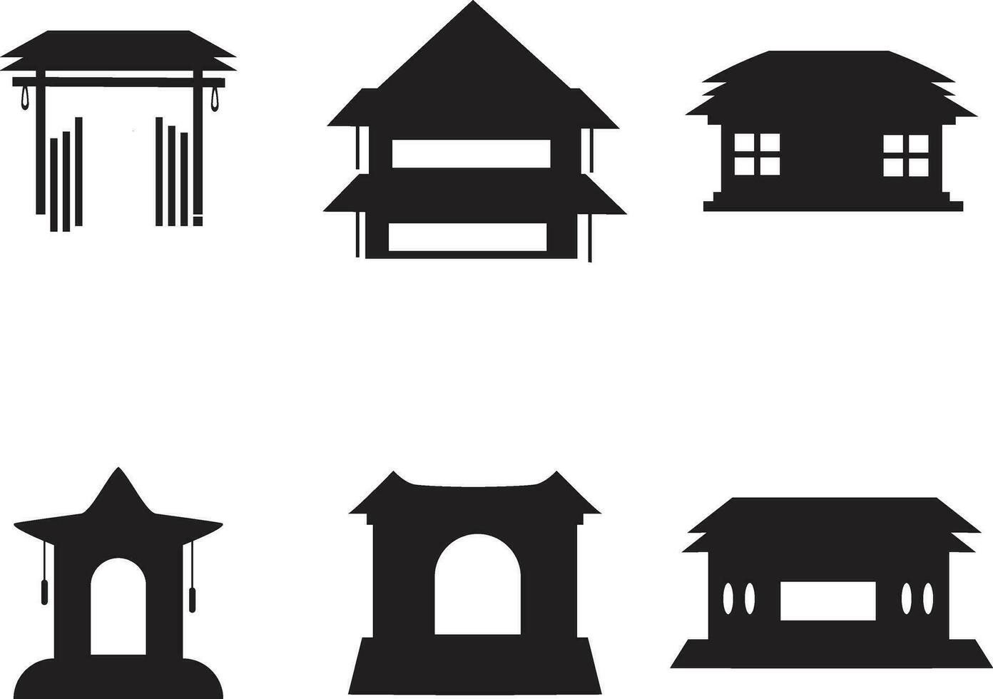 Set of Traditional Chinese Buildings. Asian Castles and Architecture. Isolated Black Vector
