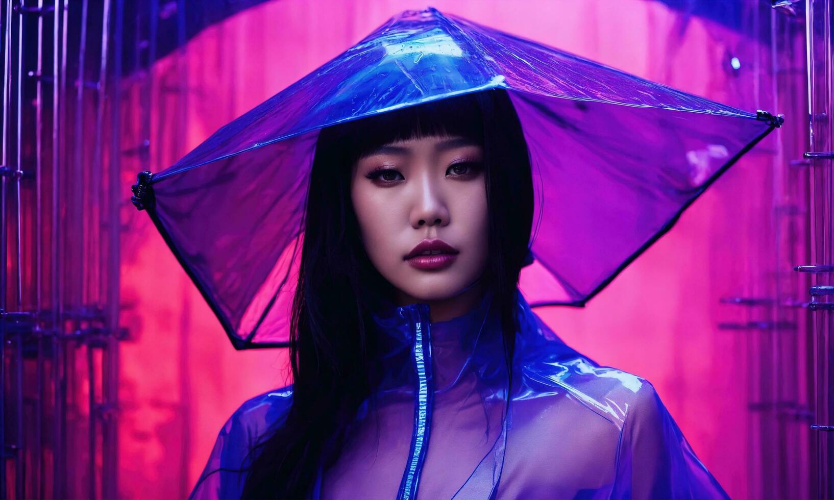 AI generated beautiful asian woman in purple raincoat walking in the city. ai generative photo