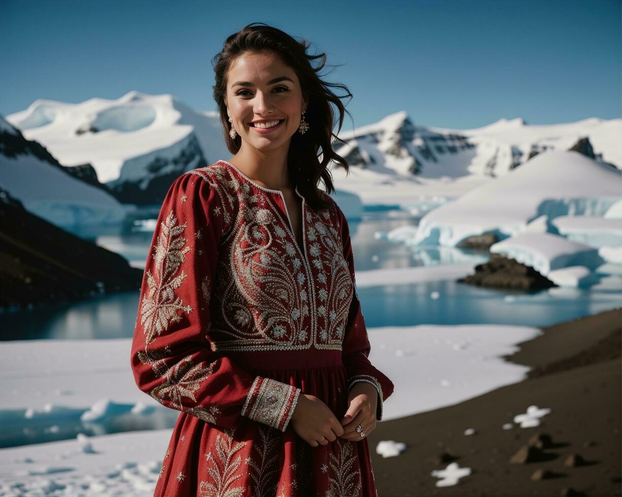 AI generated Portrait of a young woman smiling at camera in front of icebergs. ai generative photo