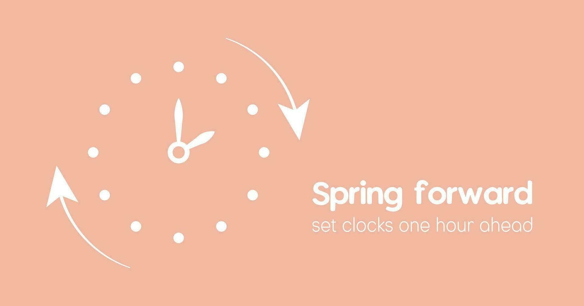 Spring Forward monochrome banner in Minimalist style. Reminder text Set clocks one hour Ahead in March. Hand of face turning to Summer time. vector