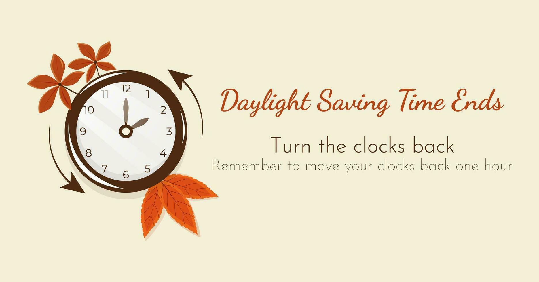 Turn clocks back one hour, Daylight Saving Time Ends web reminder banner. Fall Back time. Picture of clocks with arrow hand turning back an hour. Minimalist web banner. vector