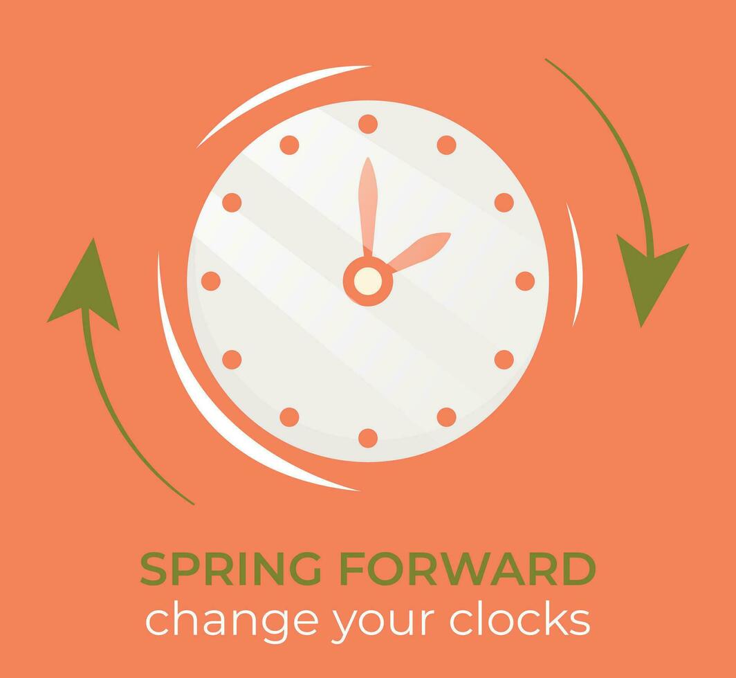 Clock with text Spring Forward. Vector simple illustration to change hand to one hour ahead.