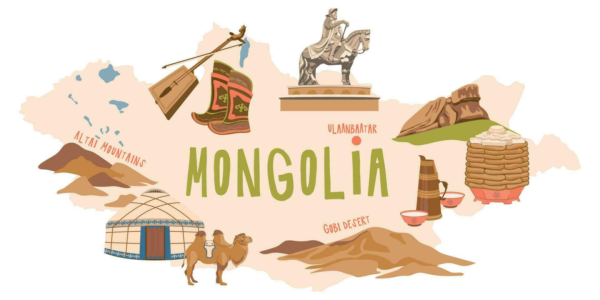 Map of Mongolia with sights. Traditional dishes, household items of nomads, a yurt. Vector illustration for the design of tourist brochures, tourist maps. A landmark monument to Genghis khan.