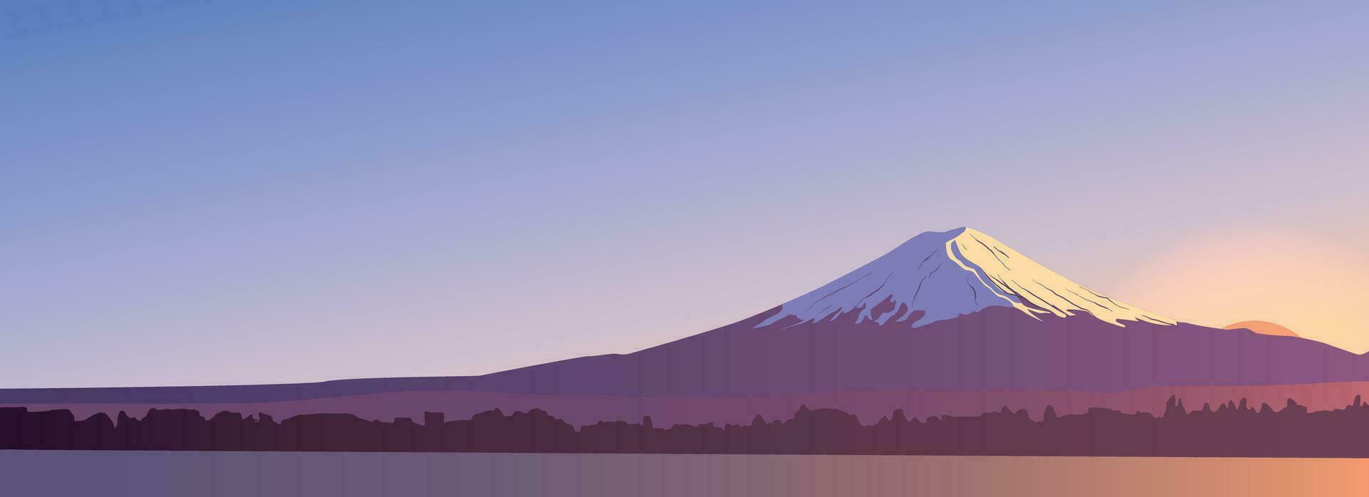 Panoramic evening view of mount Fuji. Landscape with a mountain peak in Japan. Famous landmark Wallpaper. Banner design with a natural landscape. Greeting card template. Sky, sun, water surface. vector