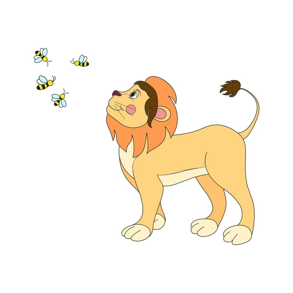 Funny cute lion watches the bees. Color image. The illustration is done by hand in a cartoon style. vector