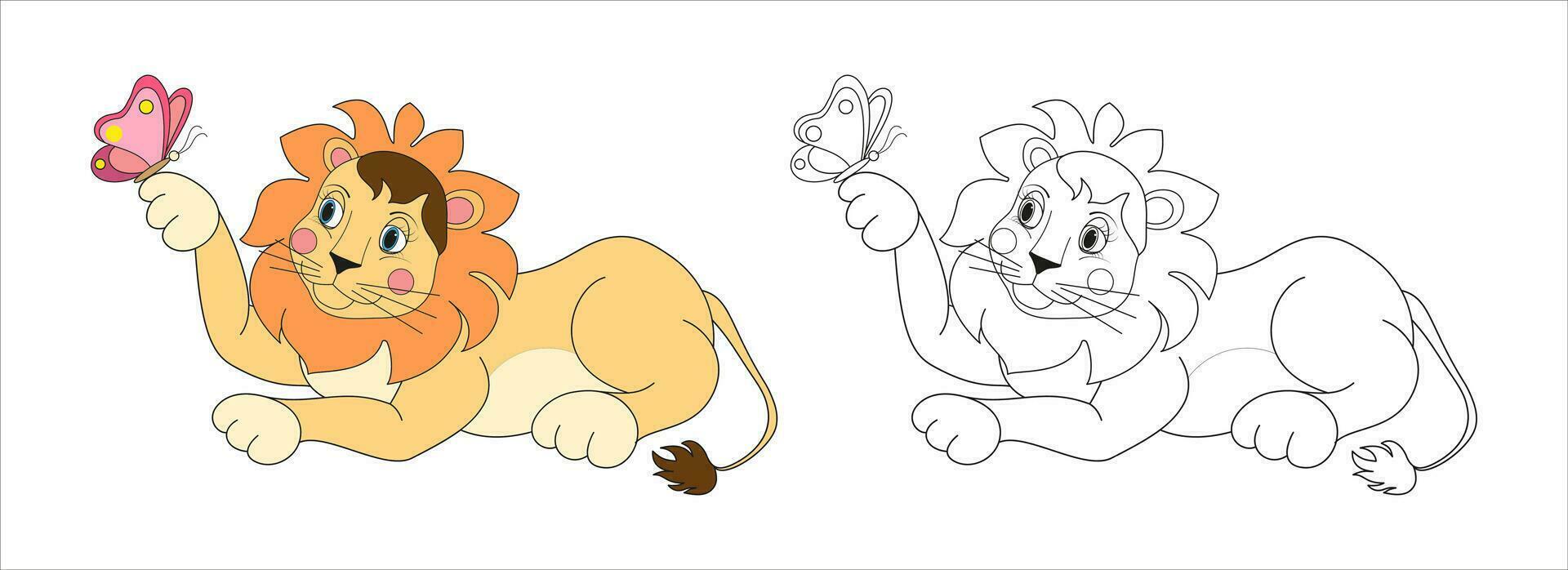 Lion illustration line and color. Cartoon vector illustration for coloring book or page.