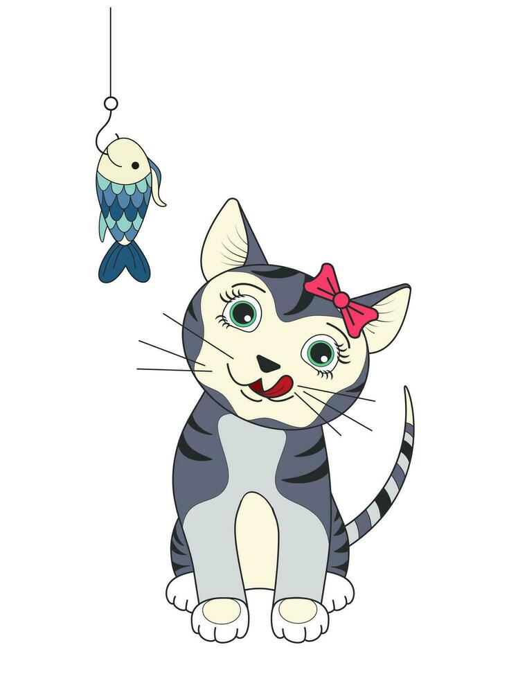 A funny cute cat licks when he sees a fish on a hook. The illustration is done by hand in a cartoon style. vector