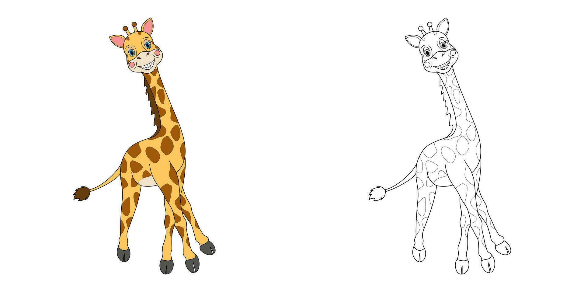 Cute cartoon animal giraffe line and color illustration. Cartoon vector illustration for coloring book.