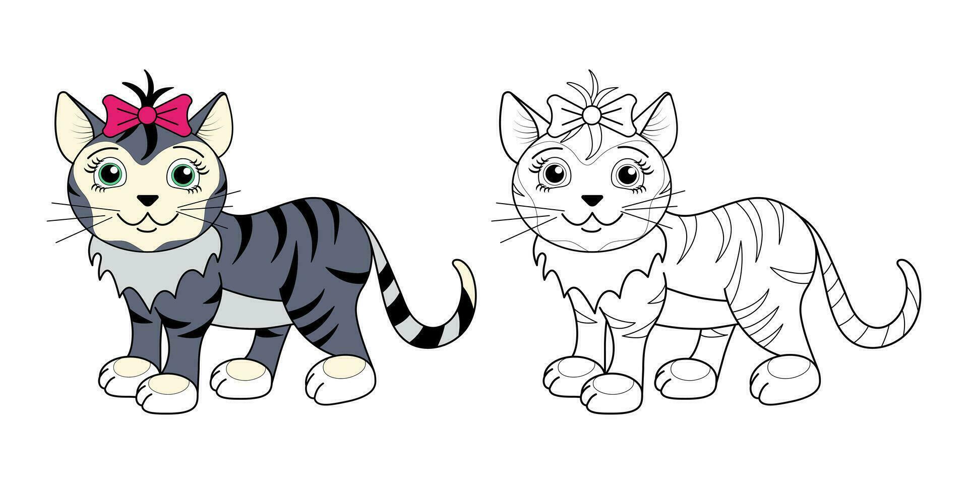 Cute cat with a bow line and color. Cartoon vector illustration for coloring book