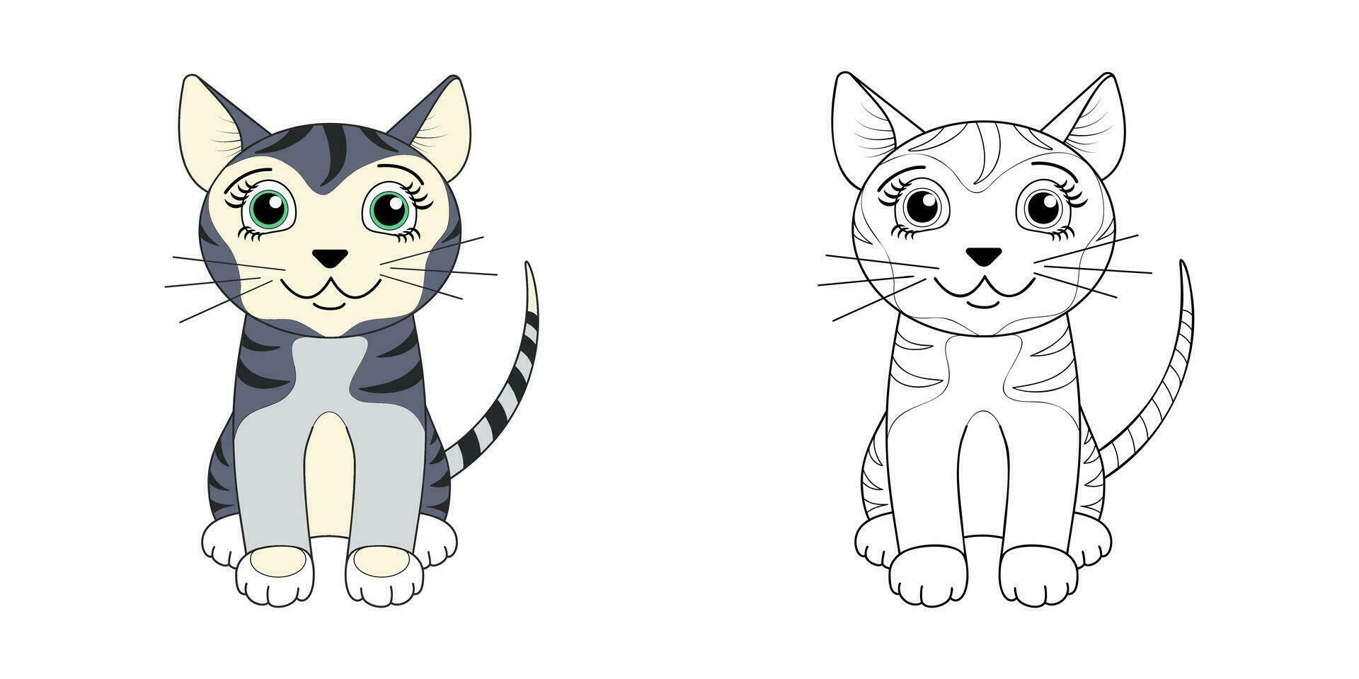 Sitting cute cat line and color. The illustration is done by hand in a cartoon style. Coloring page or book. vector