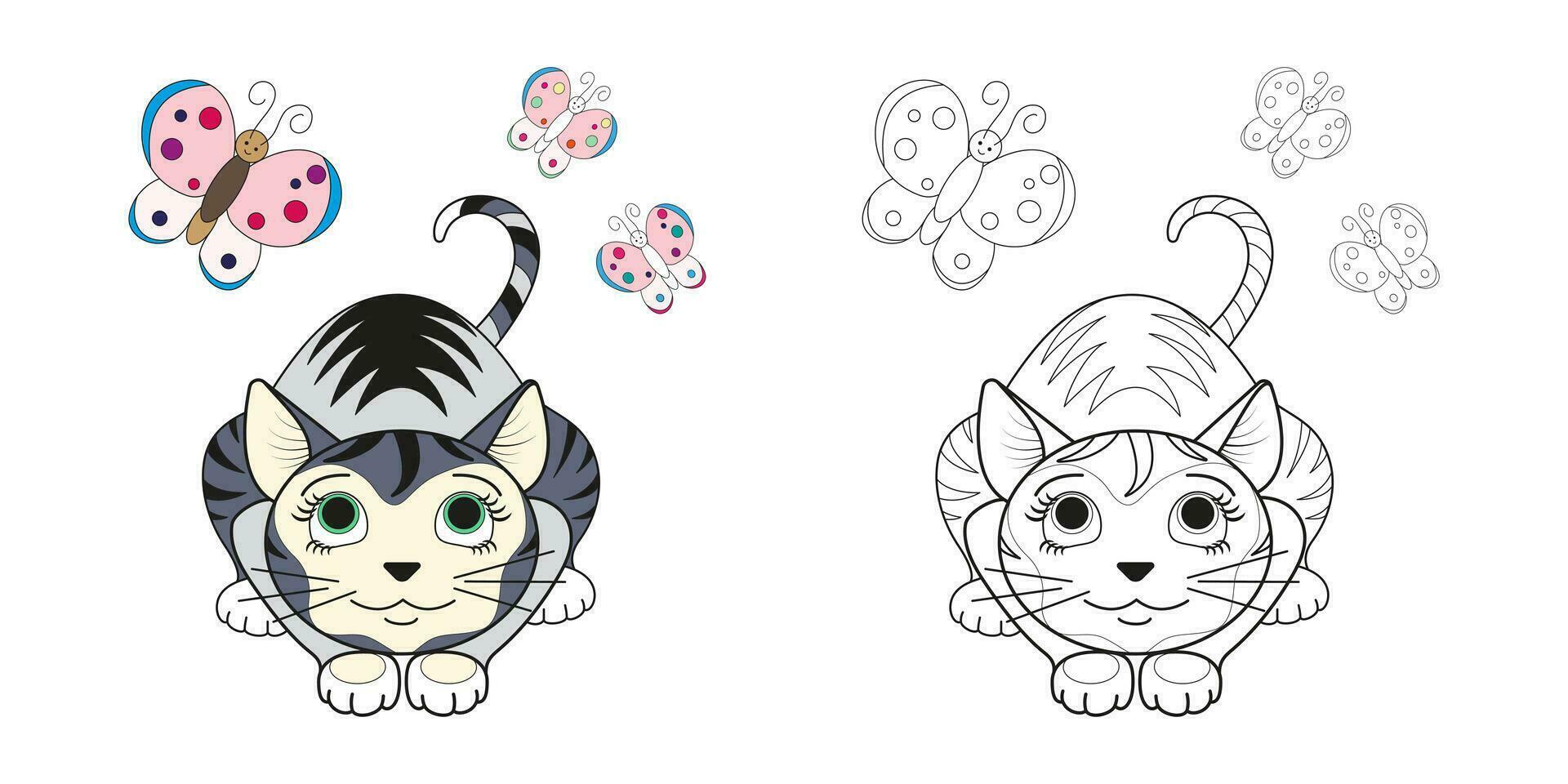 Cute cat with a bow line and color. Cartoon vector illustration for coloring book