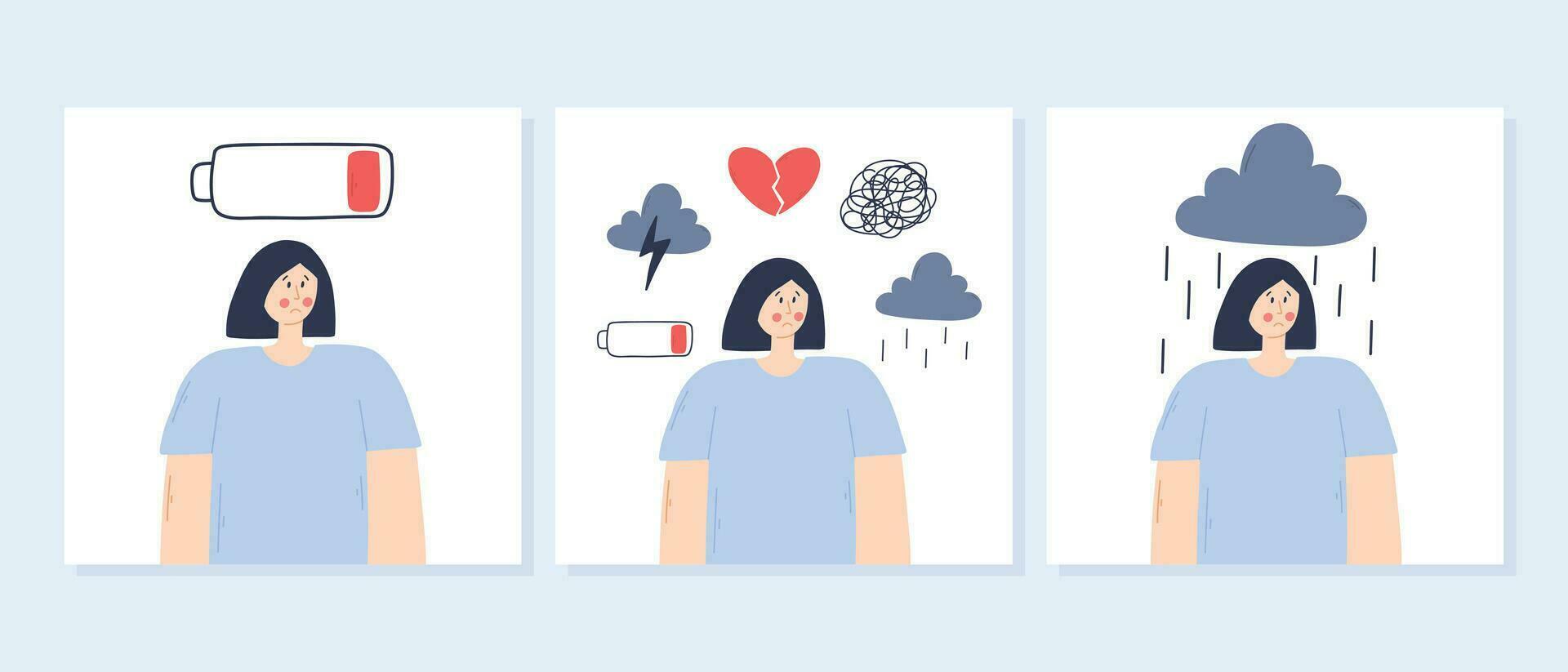 Set of concepts Woman in depression. Vector illustration. Drawn Woman in stress, depression, with apathy and confused thoughts.