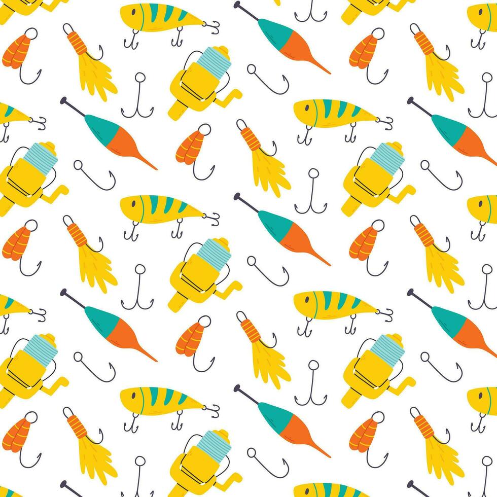 Seamless pattern with fishing gear. Hand-drawn pattern with baits, hooks and floats. Vector illustration.