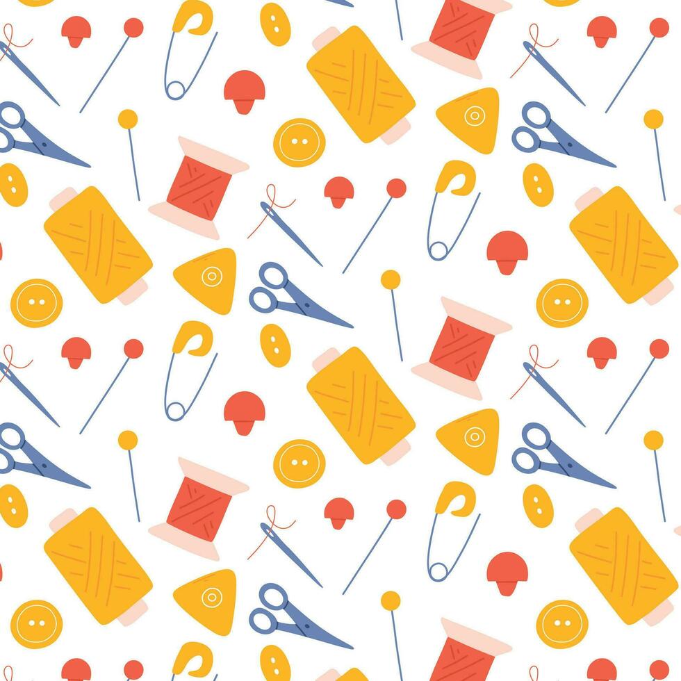 Seamless pattern with sewing tools. Hand-drawn pattern with threads, needles and pins. Vector illustration.