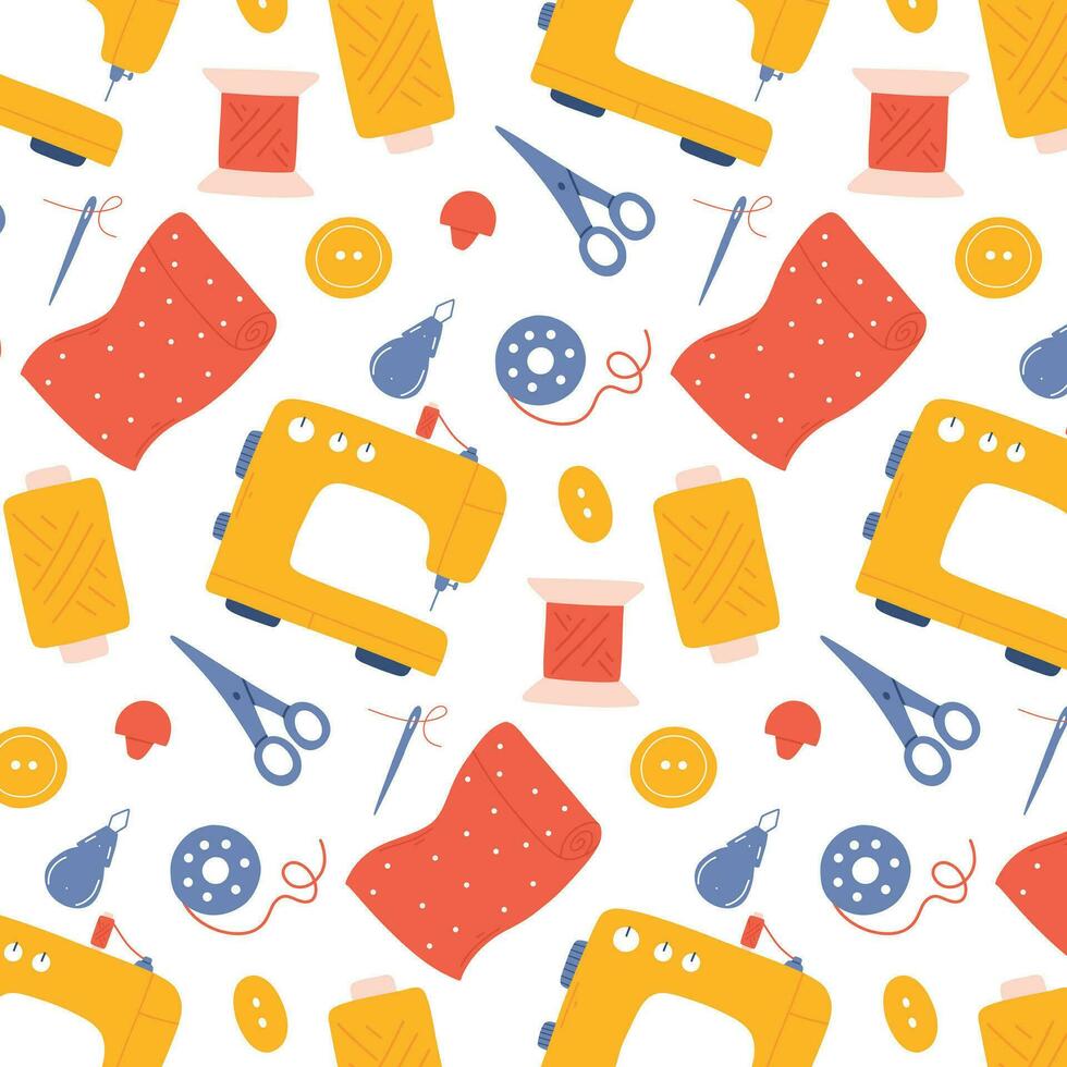 Seamless pattern with sewing tools. Pattern with sewing machine and thread. Vector illustration in hand drawn style.