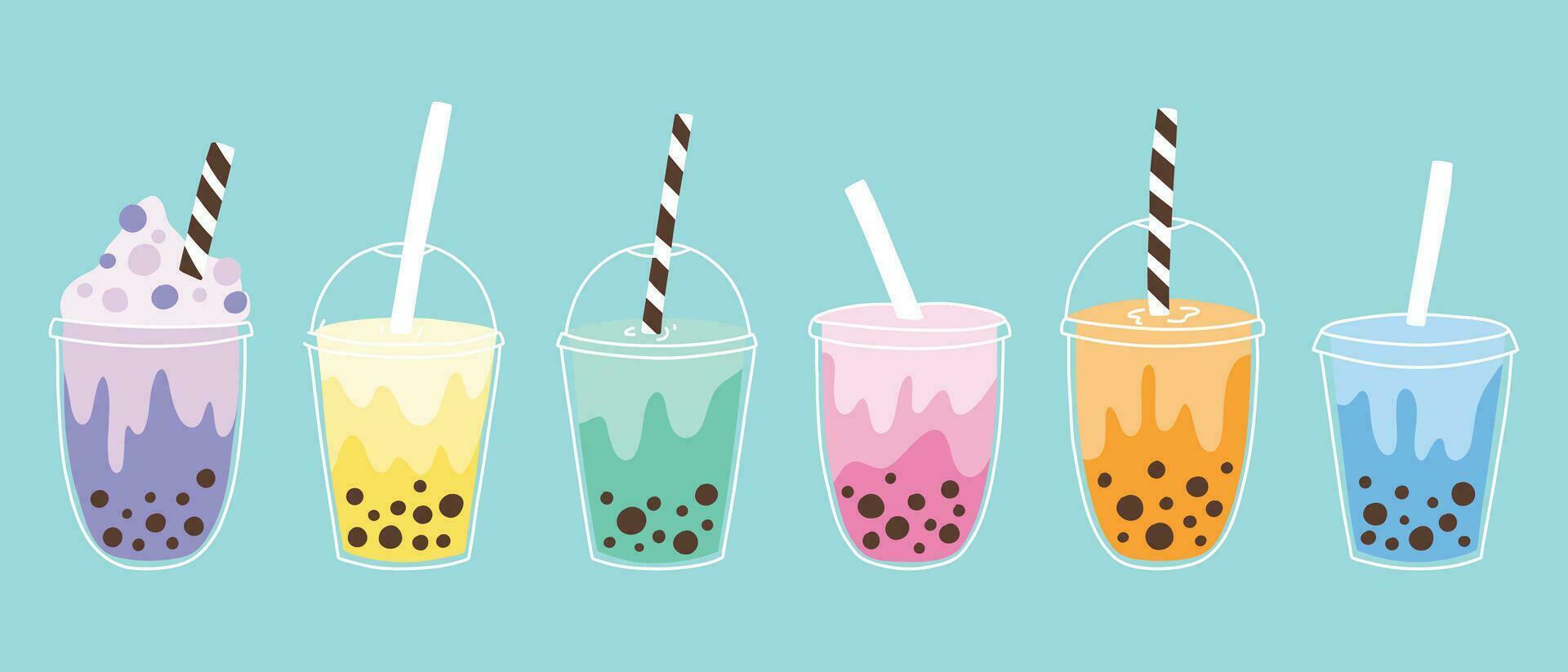 Set of bubble tea in hand drawn style. Collection of cups with bubble tea, bubble coffee and smoothies. Vector illustration.