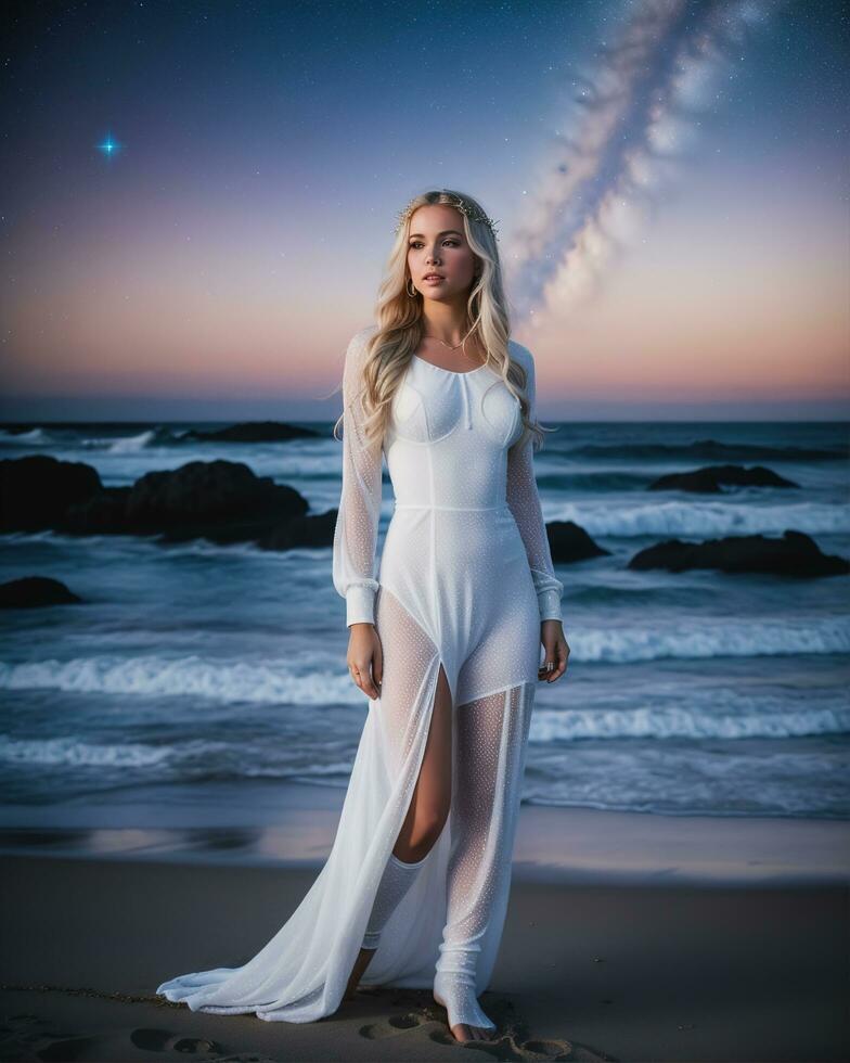 AI generated Beautiful blonde woman in white dress on the beach at night. ai generative photo