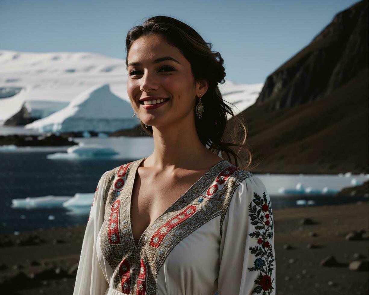 AI generated Portrait of a young woman smiling at camera in front of icebergs. ai generative photo