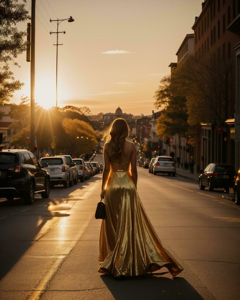 AI generated Beautiful young woman in a long yellow dress walking on the street at sunset. ai generative photo