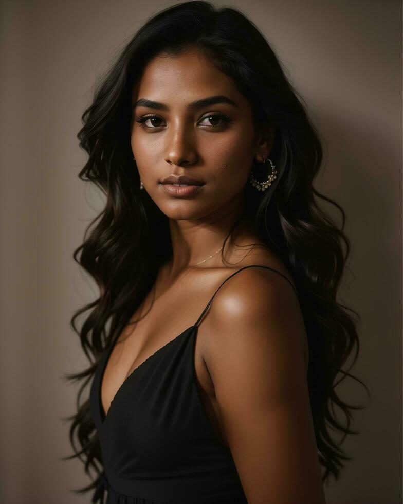 AI generated Beautiful petite Filipino woman in a black strapless dress. ai generative photo
