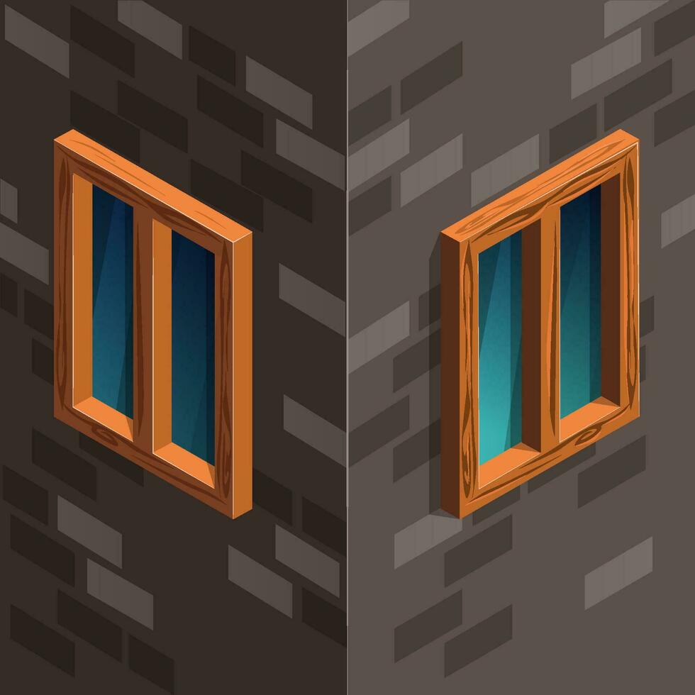 Isometric wooden windows on the facade stone wall. Vector illustration.