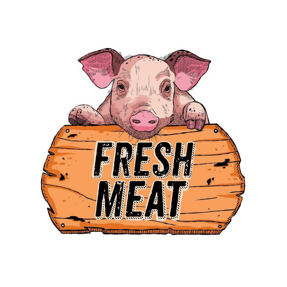 pequeño cerdo - Fresco carne firmar tablero - aislado cerdo cabeza en parte superior de carnicería o comida Tienda de madera tablero señalización vector