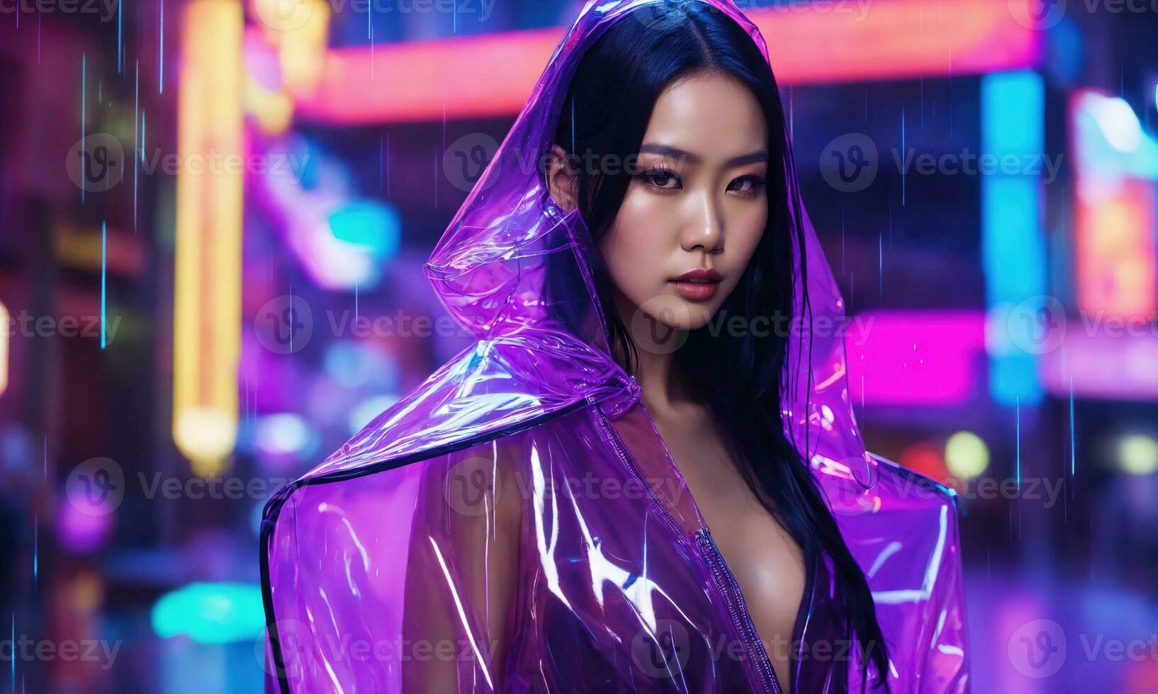 AI generated beautiful asian woman in purple raincoat walking in the city. ai generative photo