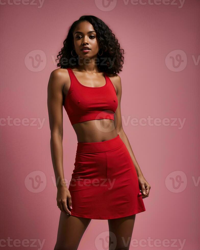 AI generated Beautiful young brunette woman in a red sports top and leggings posing. ai generative photo