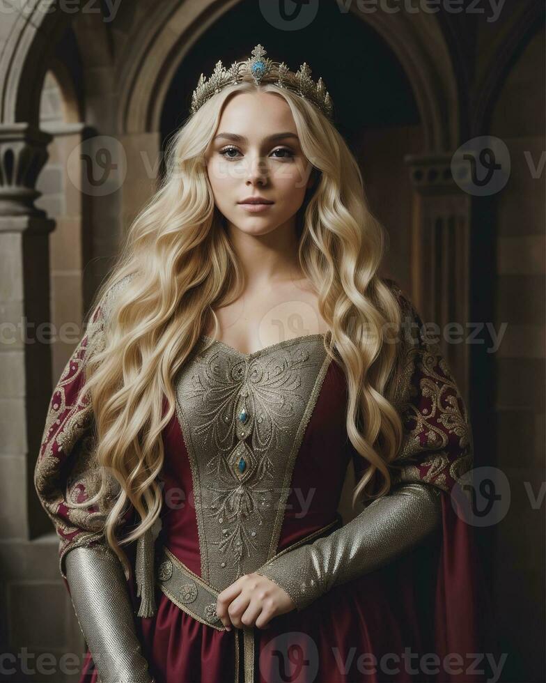 AI generated beautiful women in medieval dresses posing in front of a castle. ai generative photo