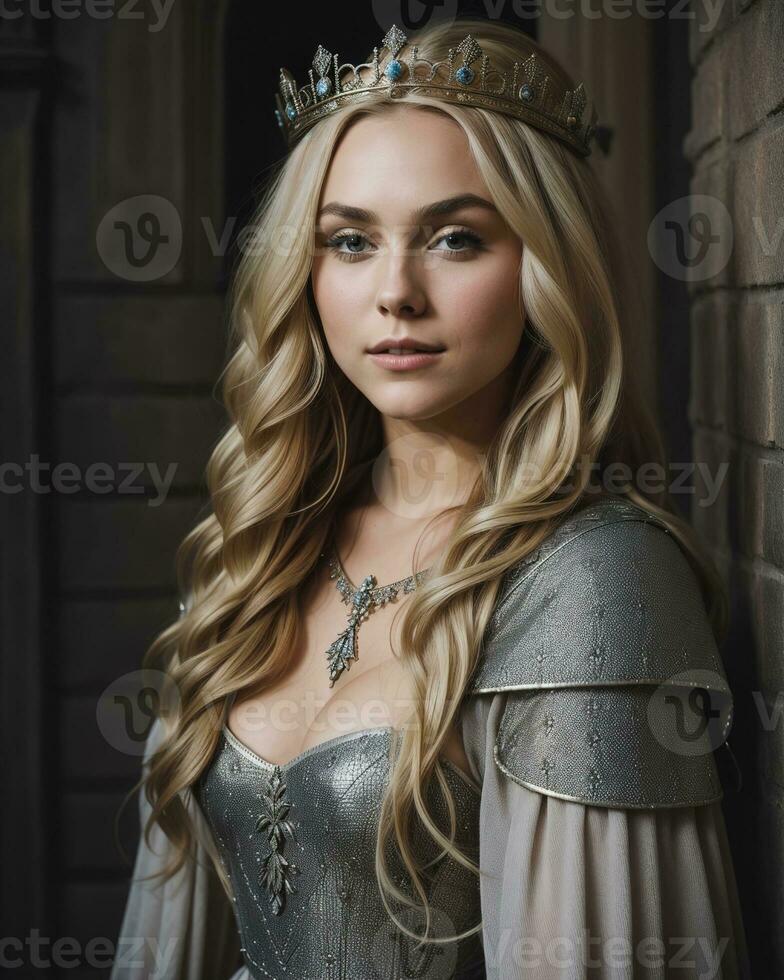 AI generated beautiful women in medieval dresses posing in front of a castle. ai generative photo