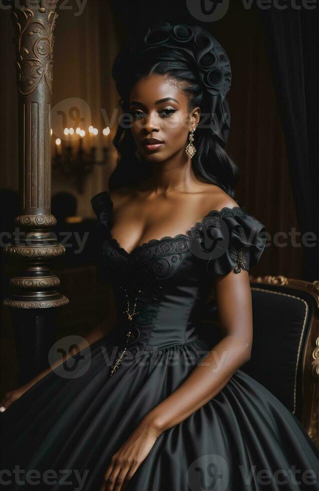 AI generated Beautiful african american woman wearing black dress and jewellery. ai generative. ai generative photo
