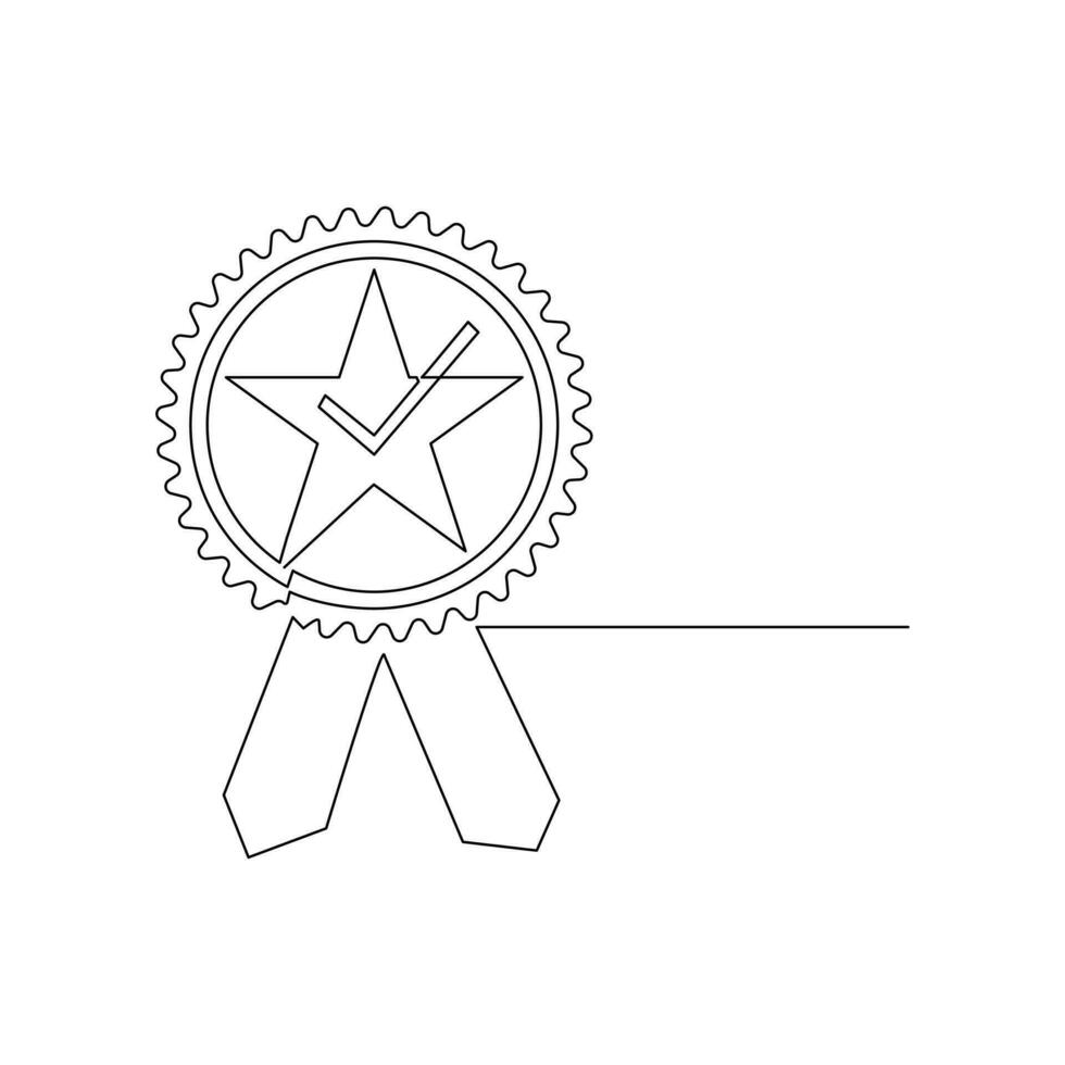 Vector award badge with tick in one continuous line drawing concept of Premium quality product.