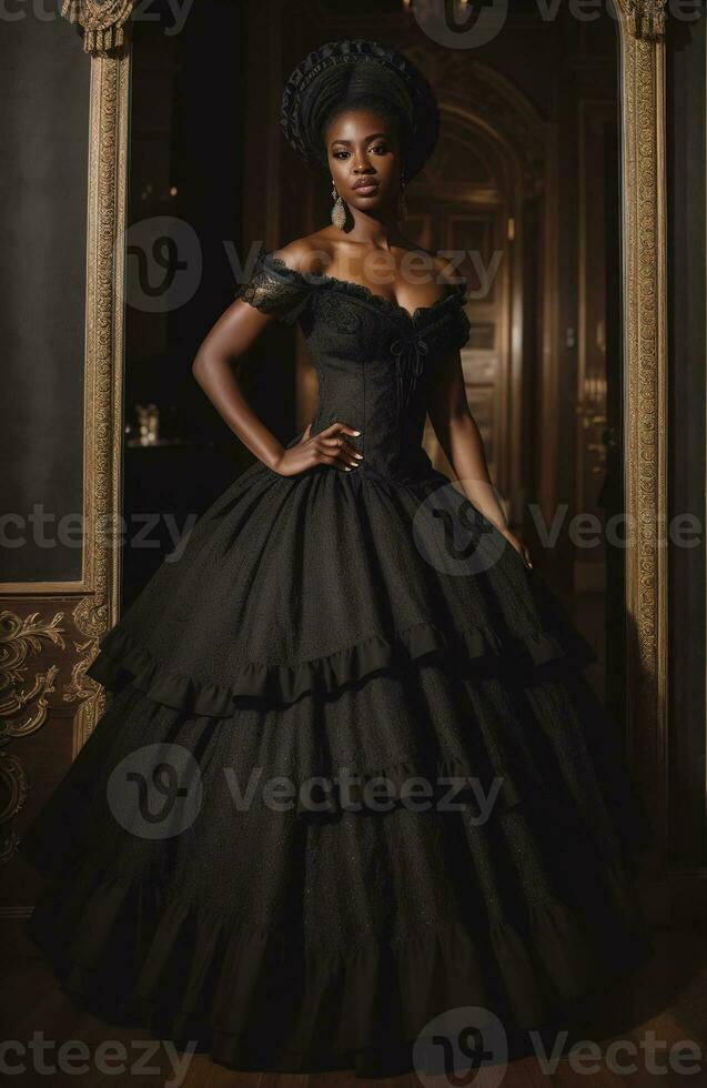 AI generated Beautiful african american woman wearing black dress and jewellery. ai generative. ai generative photo