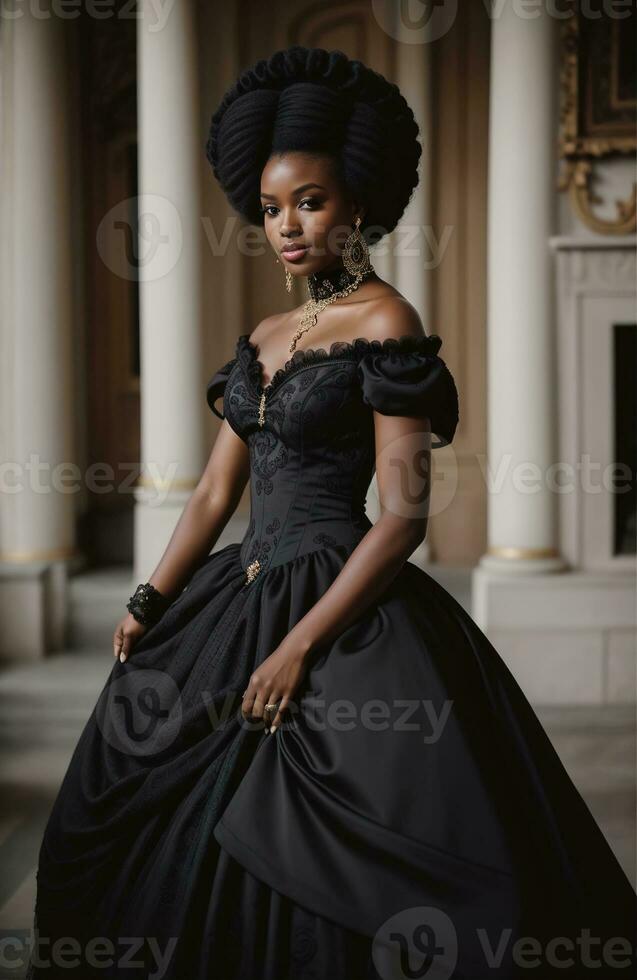 AI generated Beautiful african american woman wearing black dress and jewellery. ai generative. ai generative photo