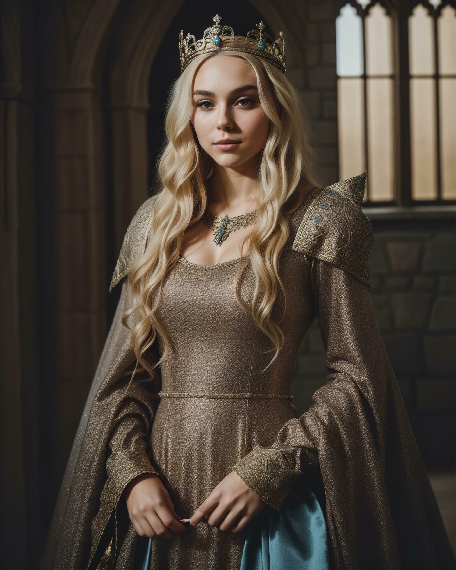 AI generated beautiful women in medieval dresses posing in front of a