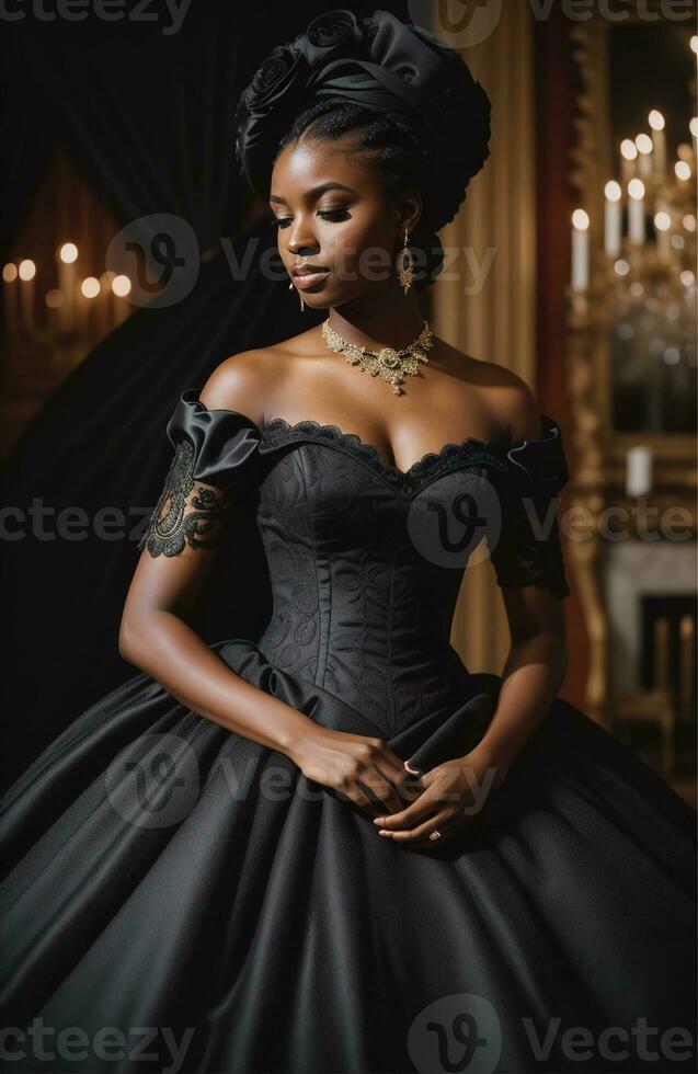 AI generated Beautiful african american woman wearing black dress and jewellery. ai generative. ai generative photo