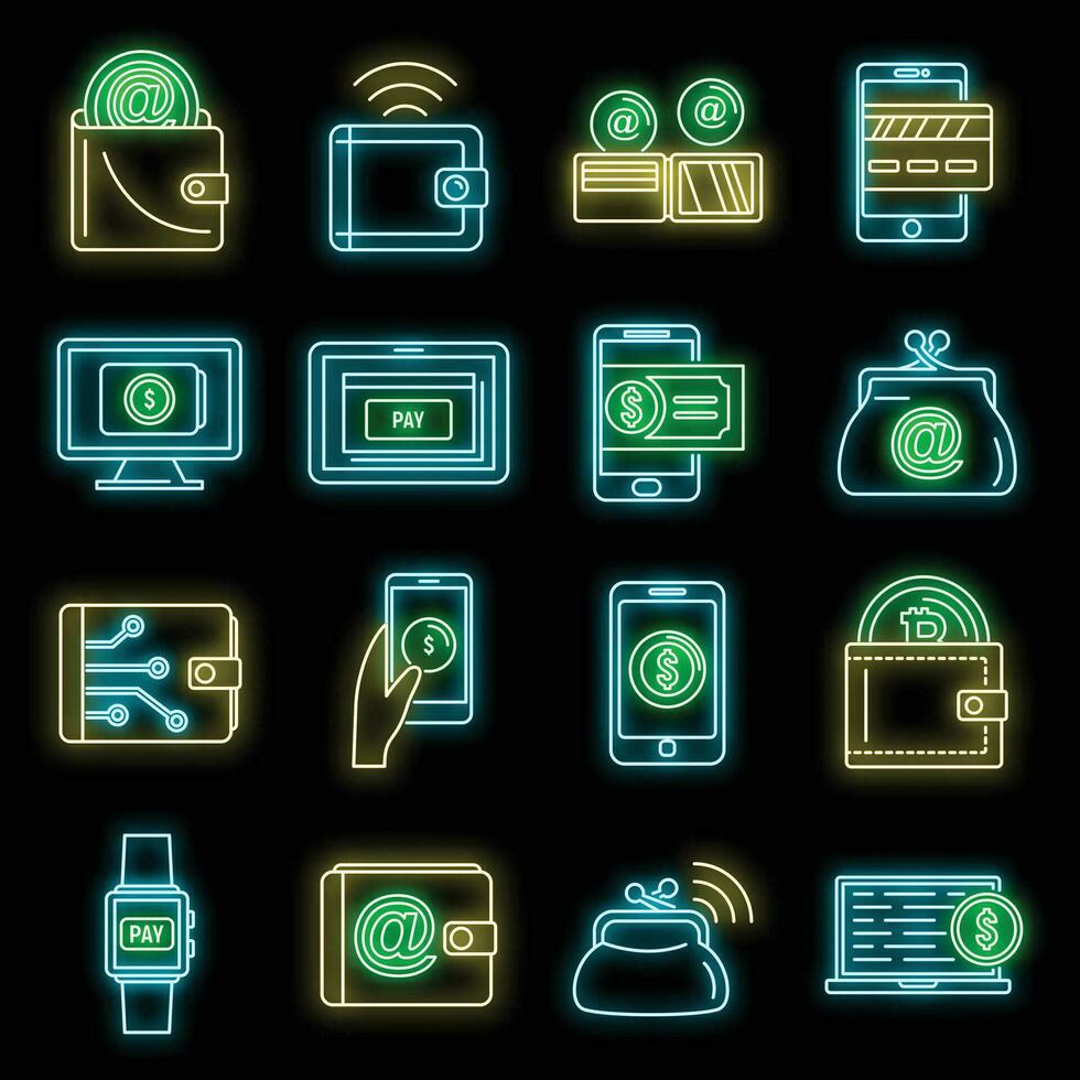 Modern digital wallet icons set vector neon