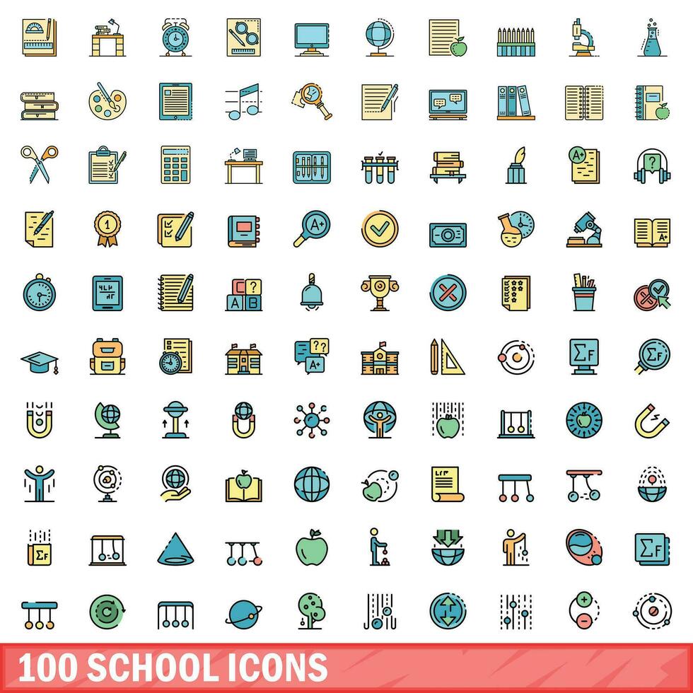 100 colegio íconos colocar, color línea estilo vector