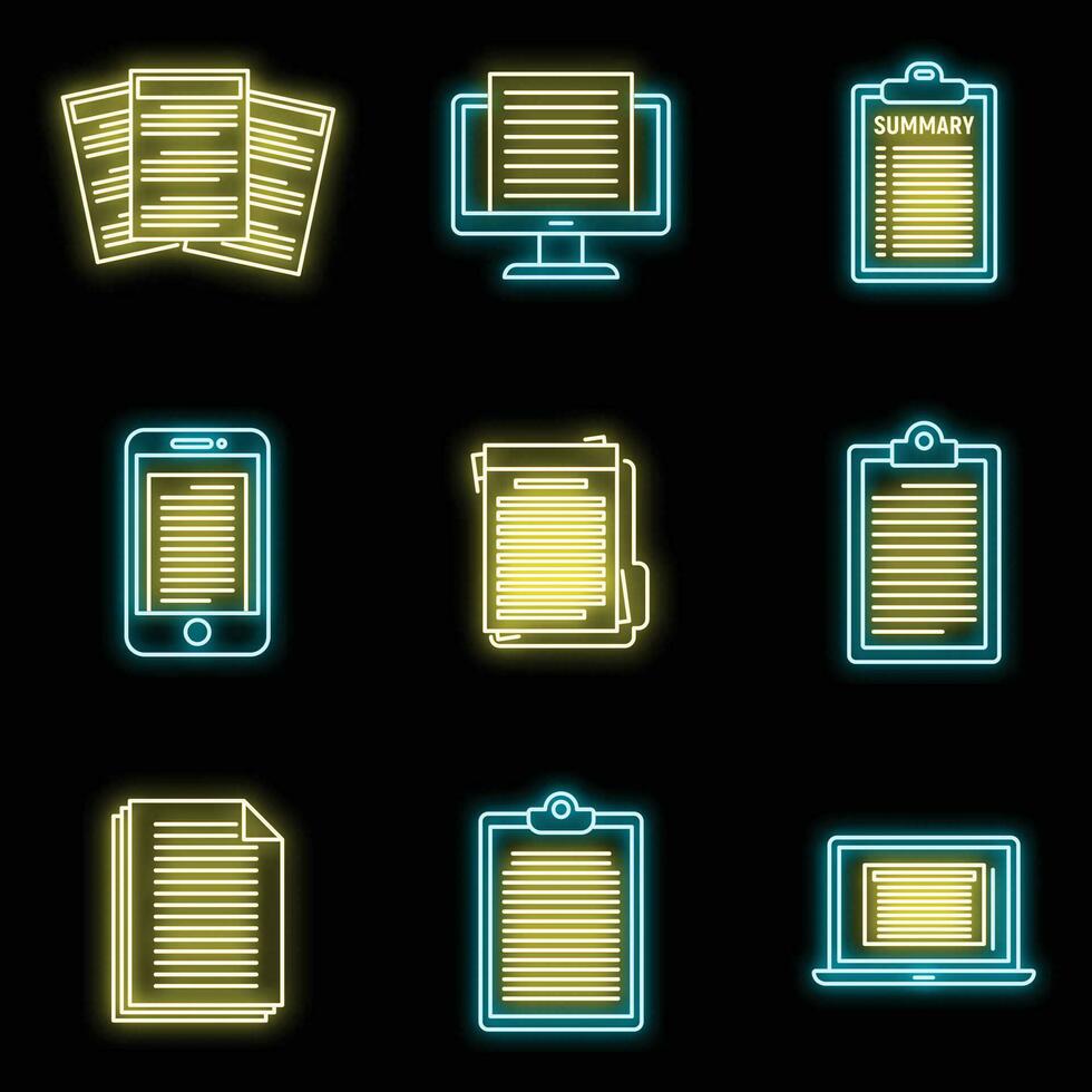 Summary text icons set vector neon