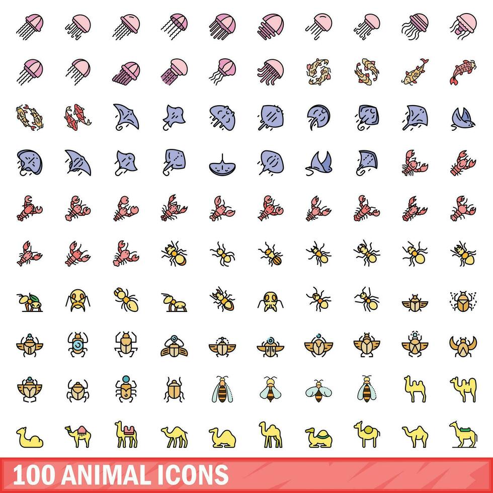 100 animal icons set, color line style vector