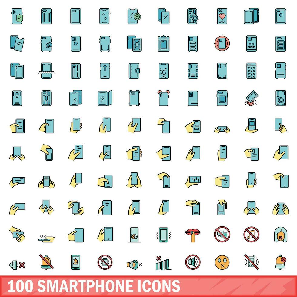 100 teléfono inteligente íconos colocar, color línea estilo vector