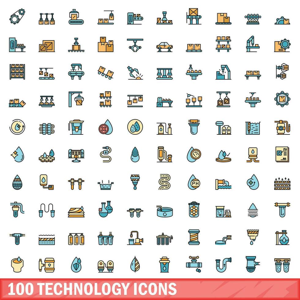 100 technology icons set, color line style vector