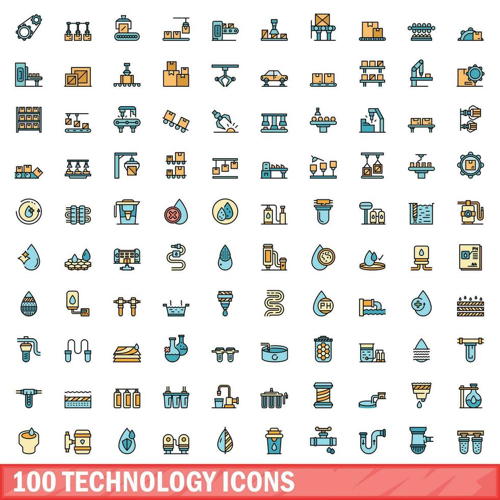 100 tecnología íconos colocar, color línea estilo vector