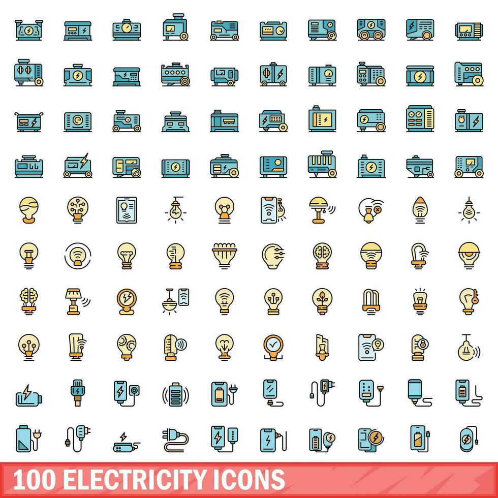 100 electricity icons set, color line style vector