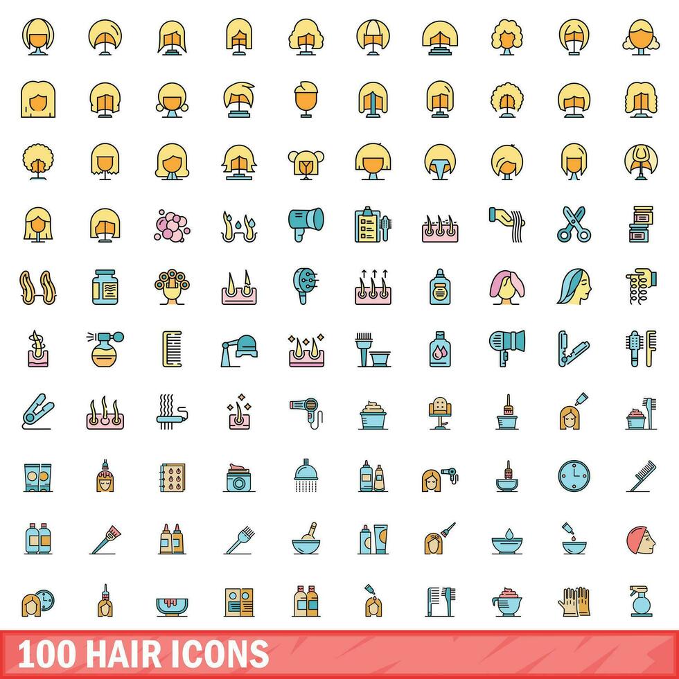 100 hair icons set, color line style vector