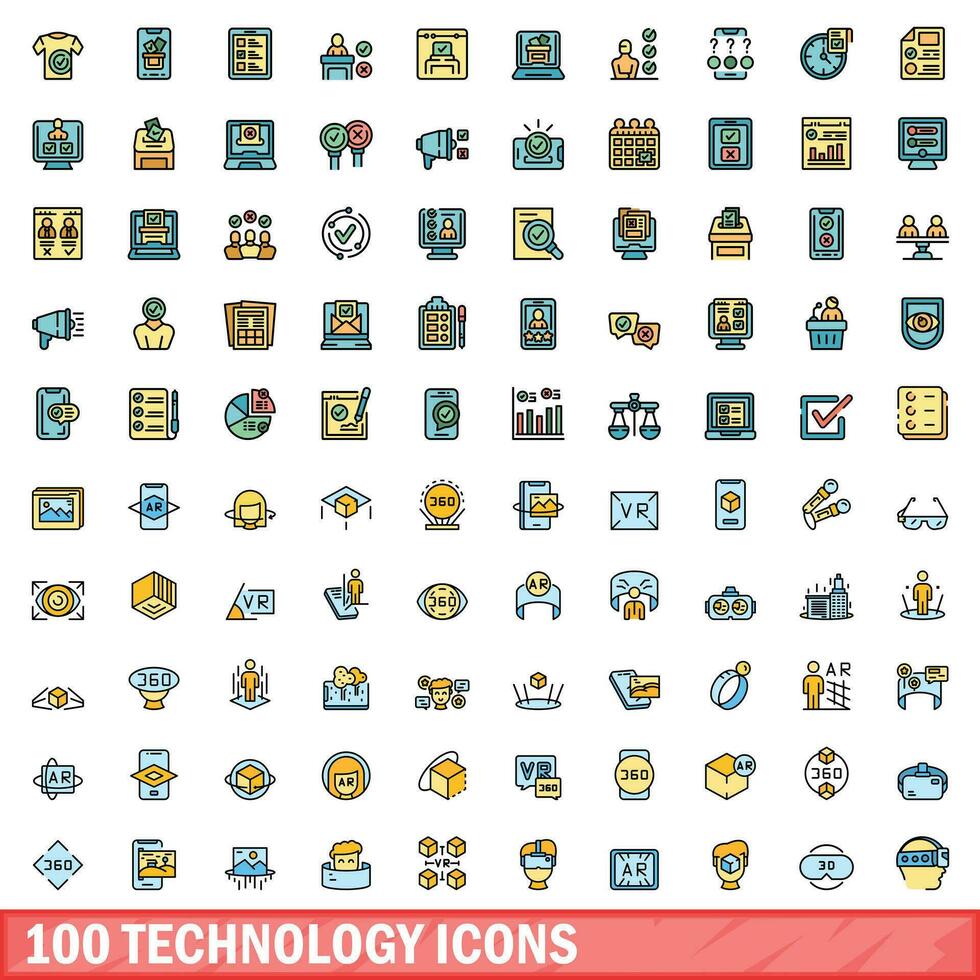 100 technology icons set, color line style vector